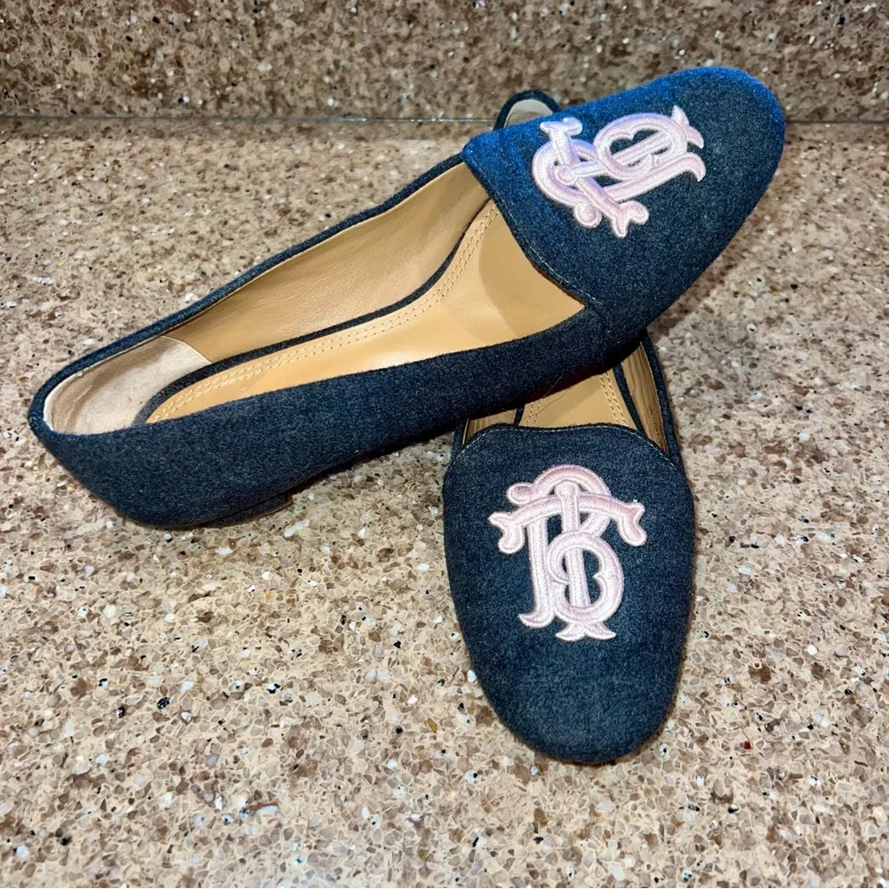 Tory Burch Black Felt Flats with Pink Logo